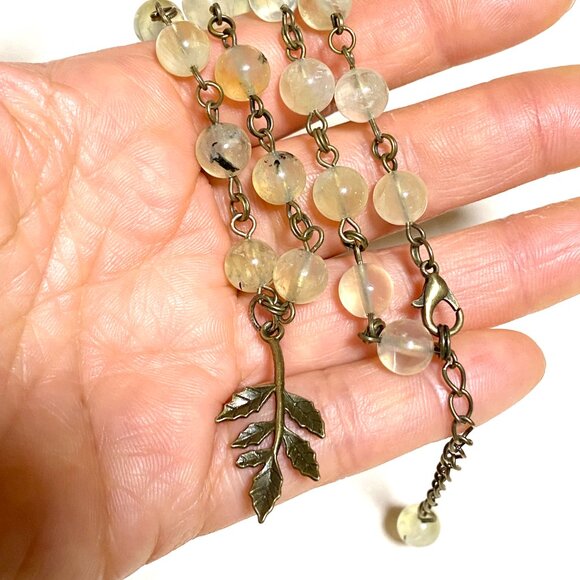 Natural Yellow Green Prehnite Necklace, Bronze Leaf Branch + Genuine Gemstone - Picture 16 of 16